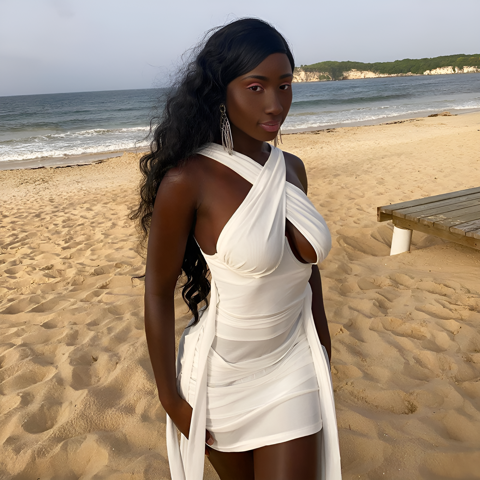 Robe moulante plissée à col licou et à volants