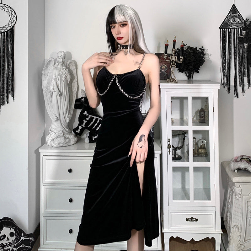 Robe fendue en velours Midnight Seduction Reverie – Noir
