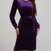 Round Neck Tie Waist Long Sleeve Velvet Dress
