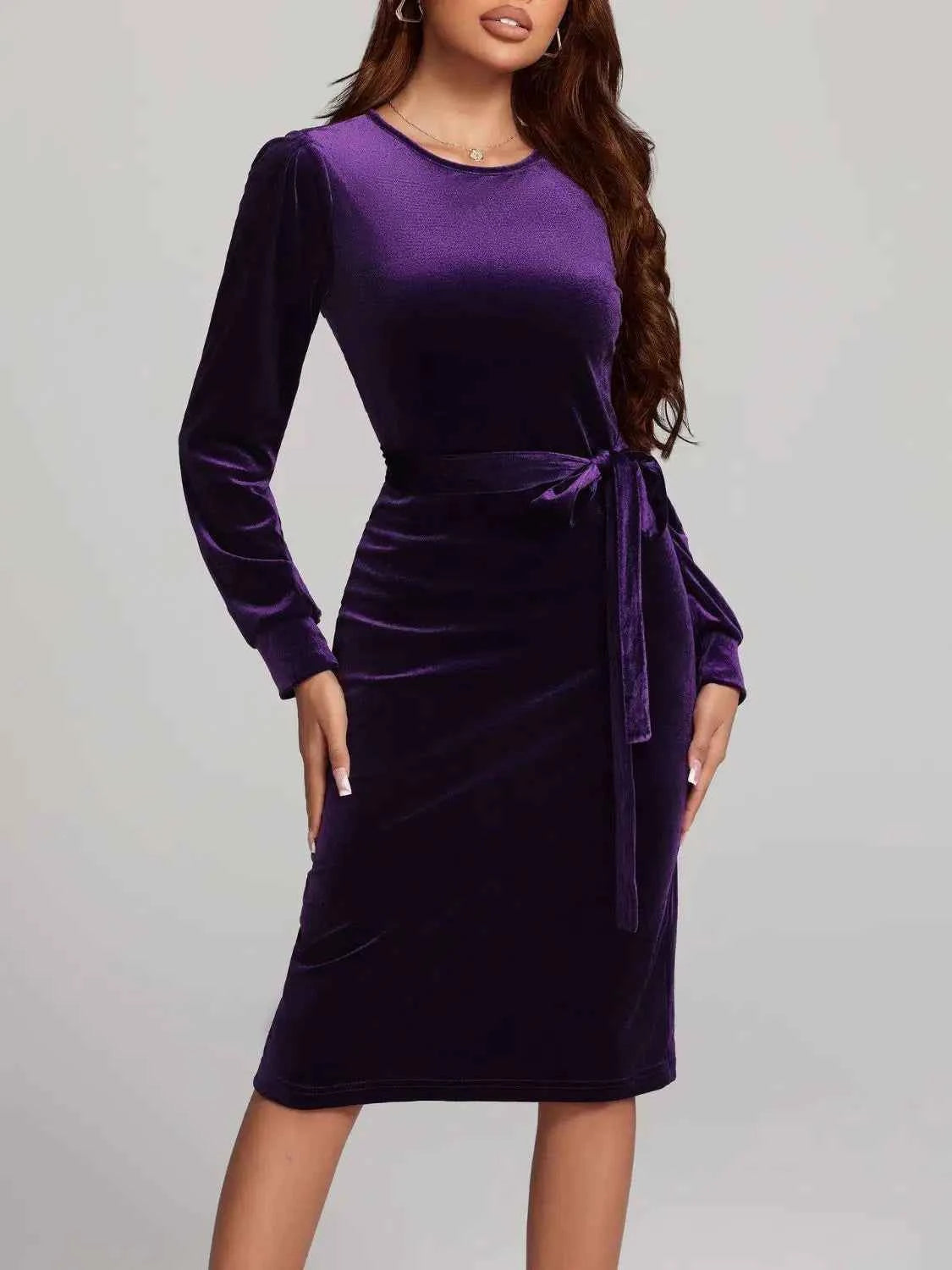Round Neck Tie Waist Long Sleeve Velvet Dress