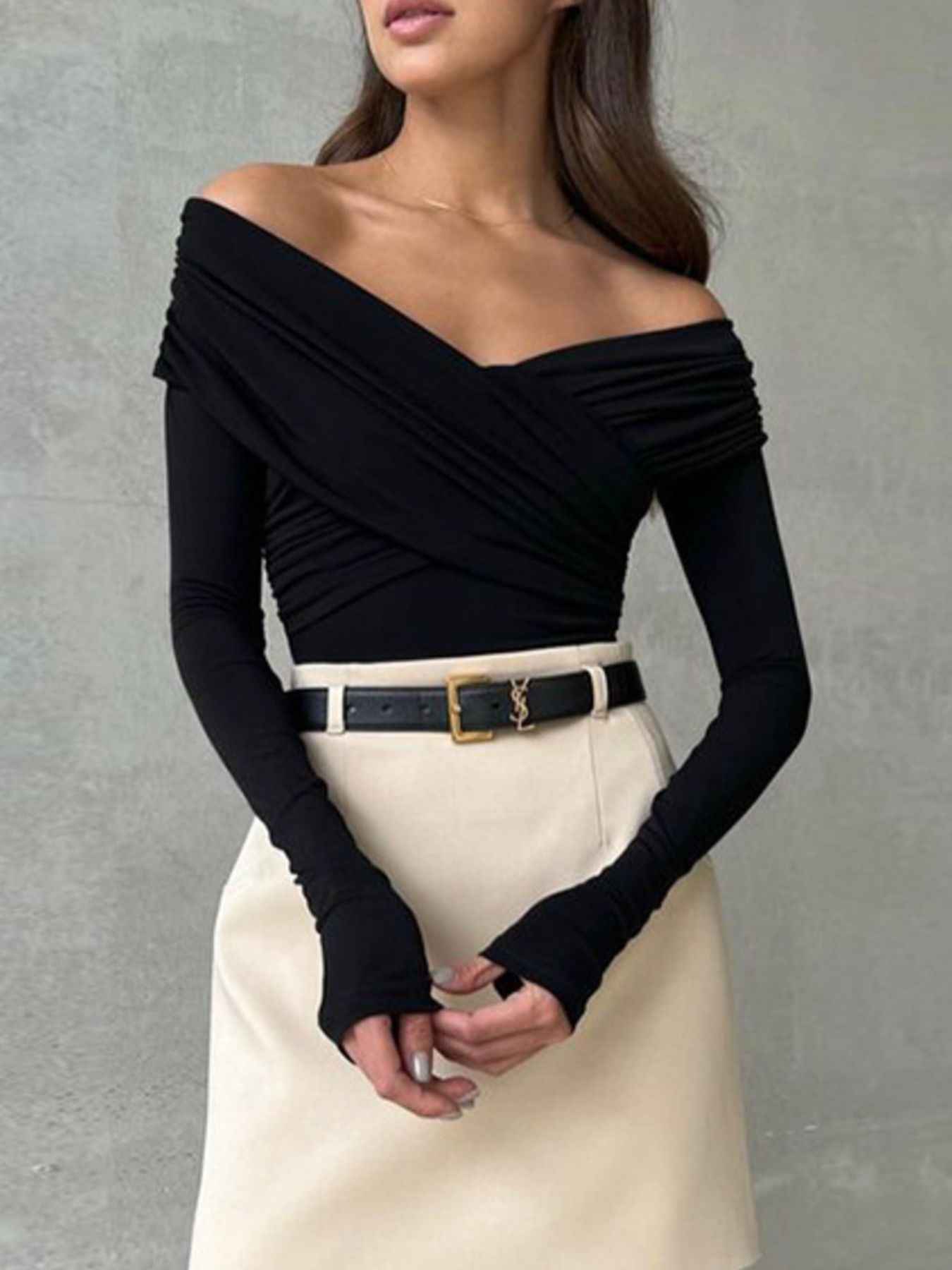 Off-Shoulder Ruched Long Sleeve Bodysuit