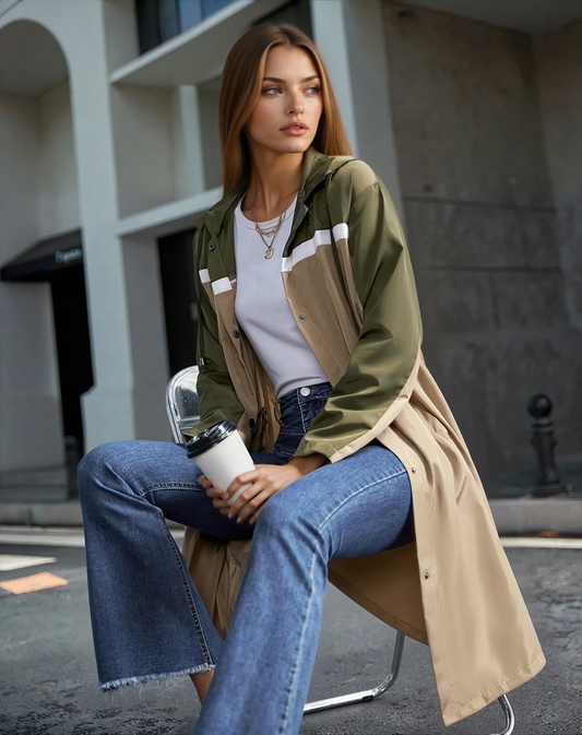 Colorblock Long Hooded Windbreaker Jacket