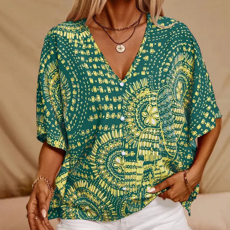 Mandala Muse – Boho Batwing V-Neck Blouse