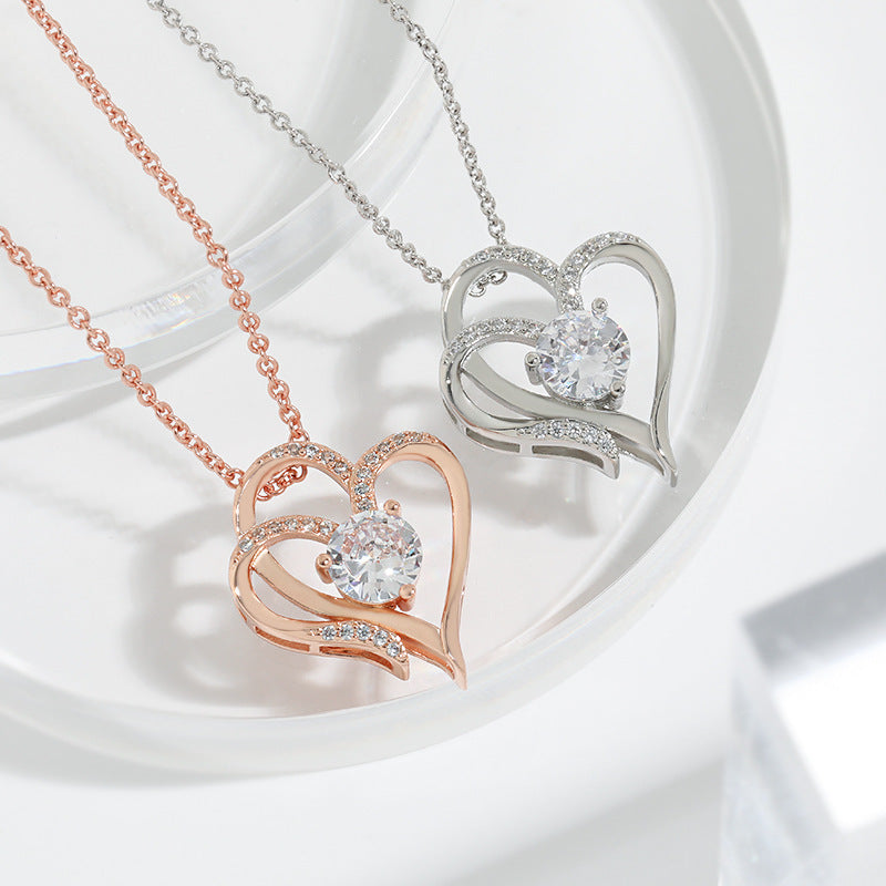 Zircon Double Love Necklace with Rhinestones - Personalized Heart-shaped Clavicle Chain Jewelry for Women