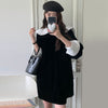 Noir Reverie Velvet Puff-Sleeve Midi Dress