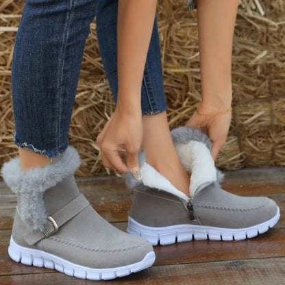 Women’s Winter Snow Boots - Warm Plush Ankle Boots with Buckle & Side Zipper