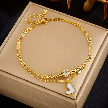 Boho Classic Love Heart Ankle Chain – Double Layer Charm Tassel Anklet Bracelet for Women