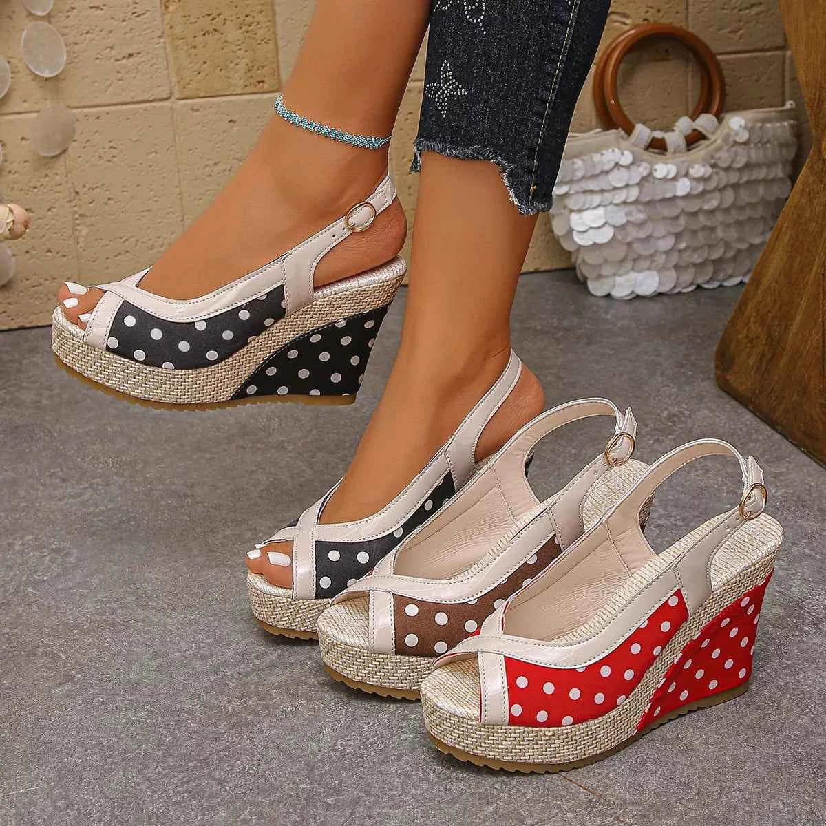 Polka Dot Peep Toe Wedge Sandals