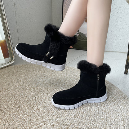 Women’s Winter Snow Boots - Warm Plush Ankle Boots with Buckle & Side Zipper