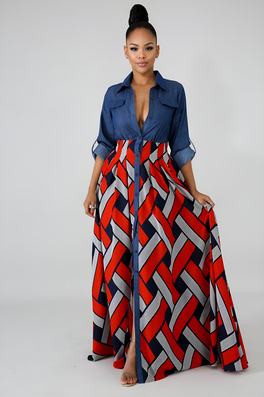 Herritage Muse Denim & Woven Maxi Dress
