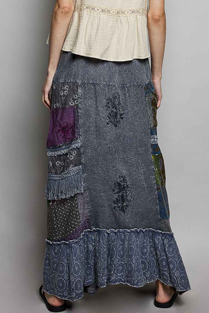 POL Printed Patchwork Embroidered Ruffled Skirt