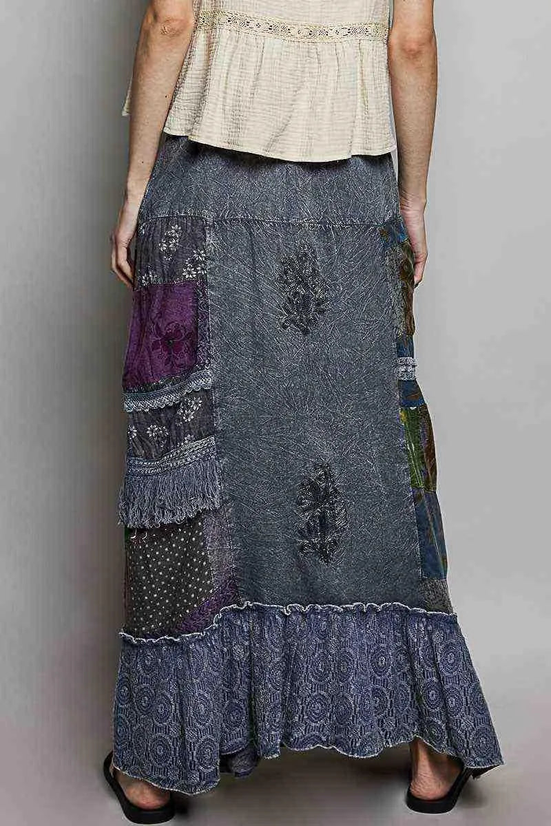 POL Printed Patchwork Embroidered Ruffled Skirt