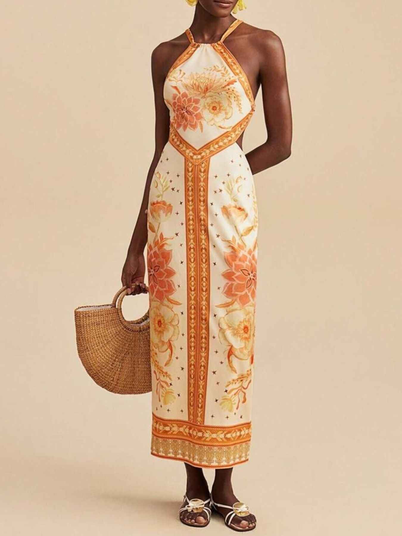 Floral Print Halter Neck Maxi Dress