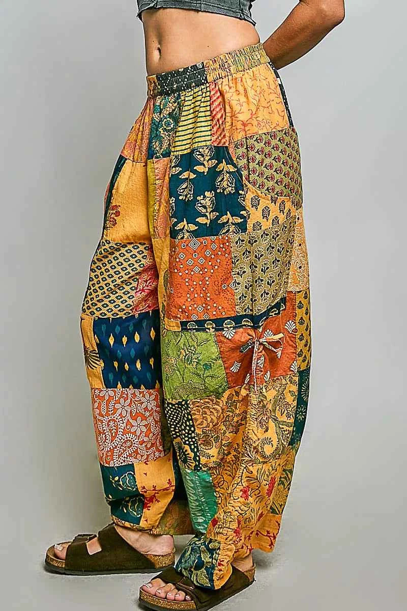 POL Printed Patchwork Wide Leg Pants with Adjustable Side Drawstring