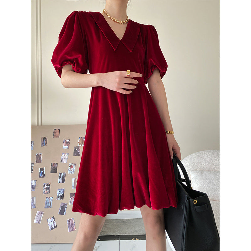 Scarlet Reverie Bubble Sleeve Velvet Dress