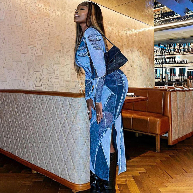 Revery Luxe – Robe slim en jean imprimé