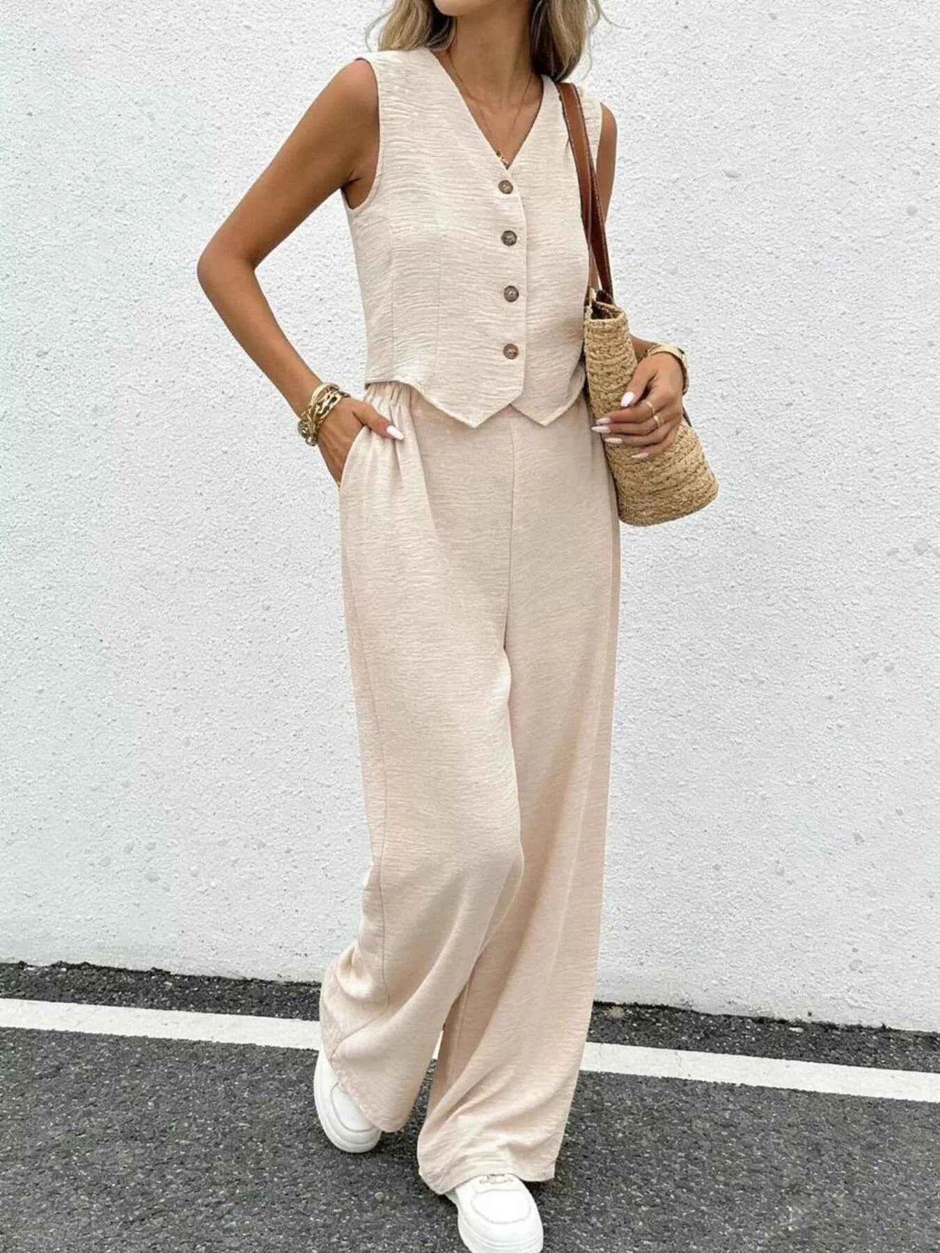 Button Up Vest and Wide Leg Pants Set