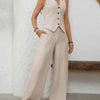 V-Neck Button Down Vest and Wide Leg Pants Set