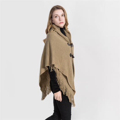 Winter Loose Kimono Cardigan for Women – Long Sleeveless Hat Poncho Solid Color Knitted Sweater Shawl