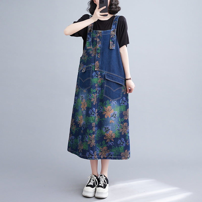 Summer Breeze Printed Denim Strap Dress