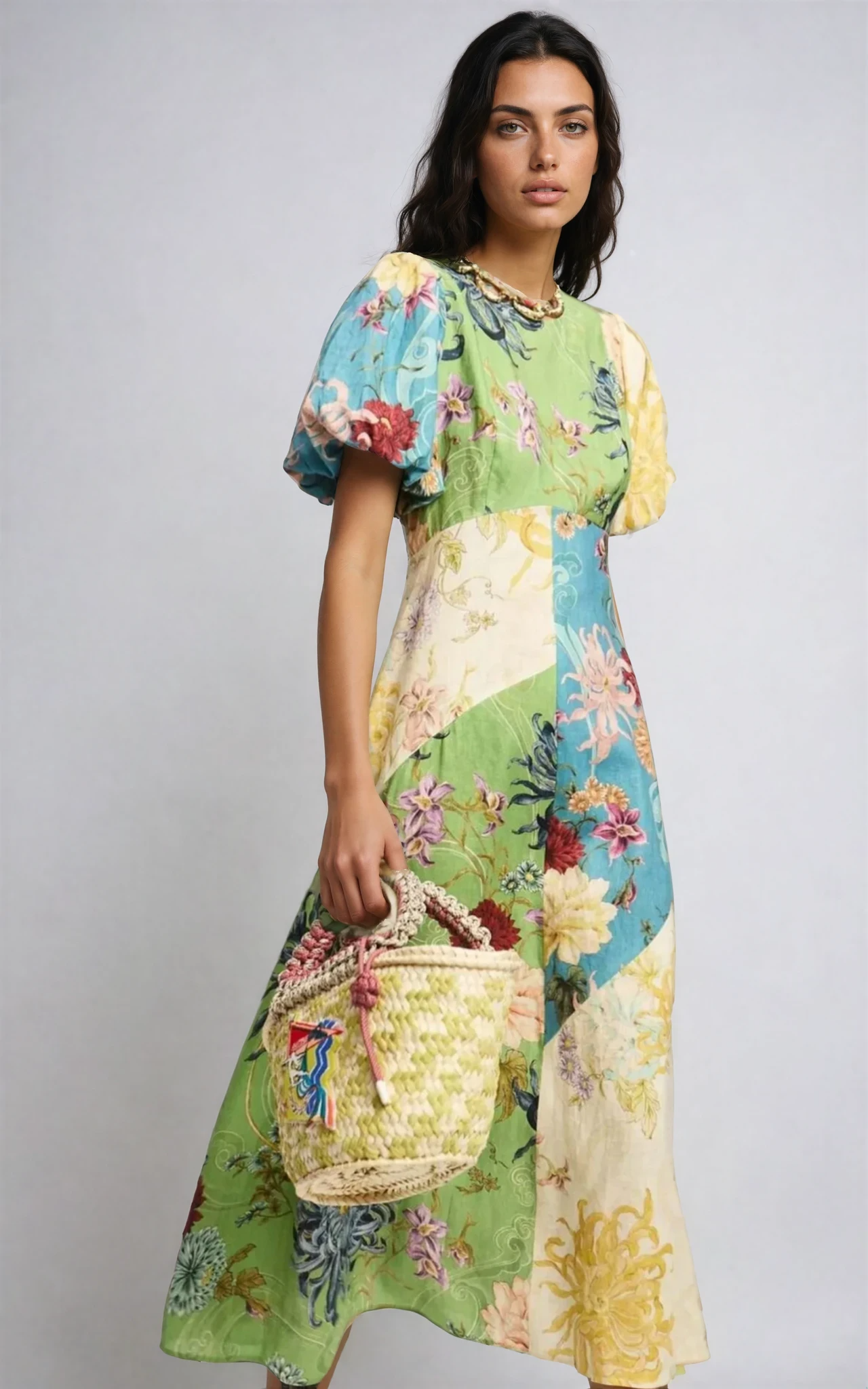 Helia Daydream Patchwork Puff Sleeve Dress