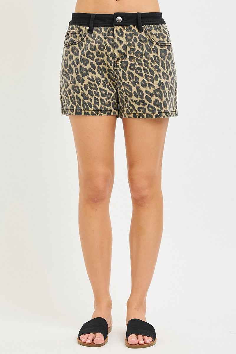RISEN High Rise Leopard Shorts with Contrast Waistband