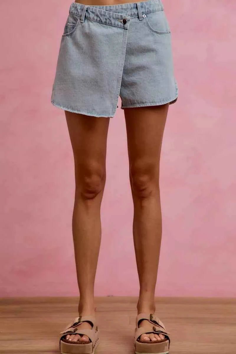 SO ME Washed Denim Wrap Skorts