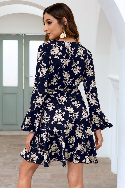 Sweet Floral Printed Long Sleeve Dress with Trumpet Sleeves
