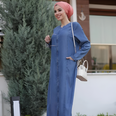 Enola Poise Langarm-Maxikleid aus Denim mit Reißverschluss