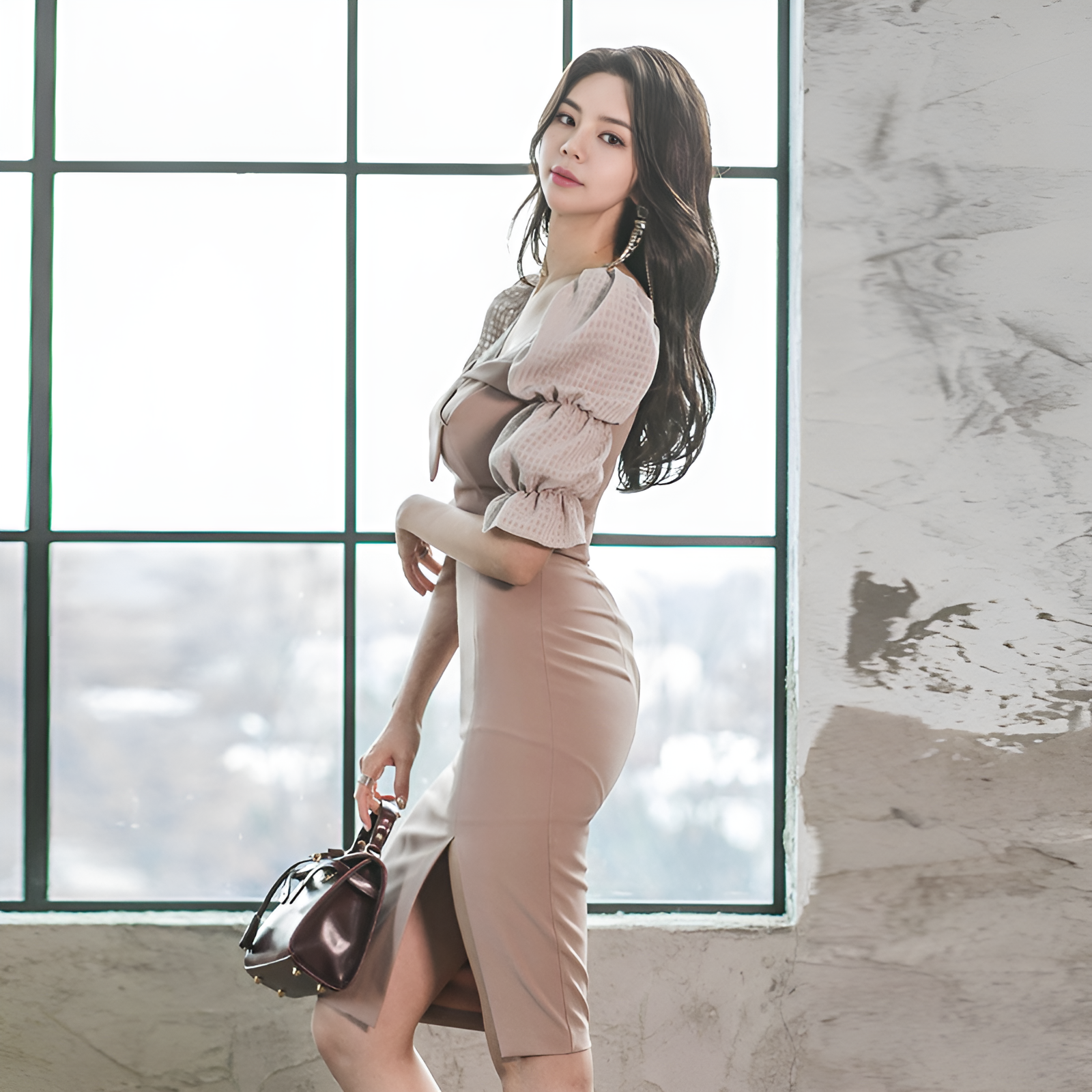 Sleek Apricot Slim-Fit Midi Dress