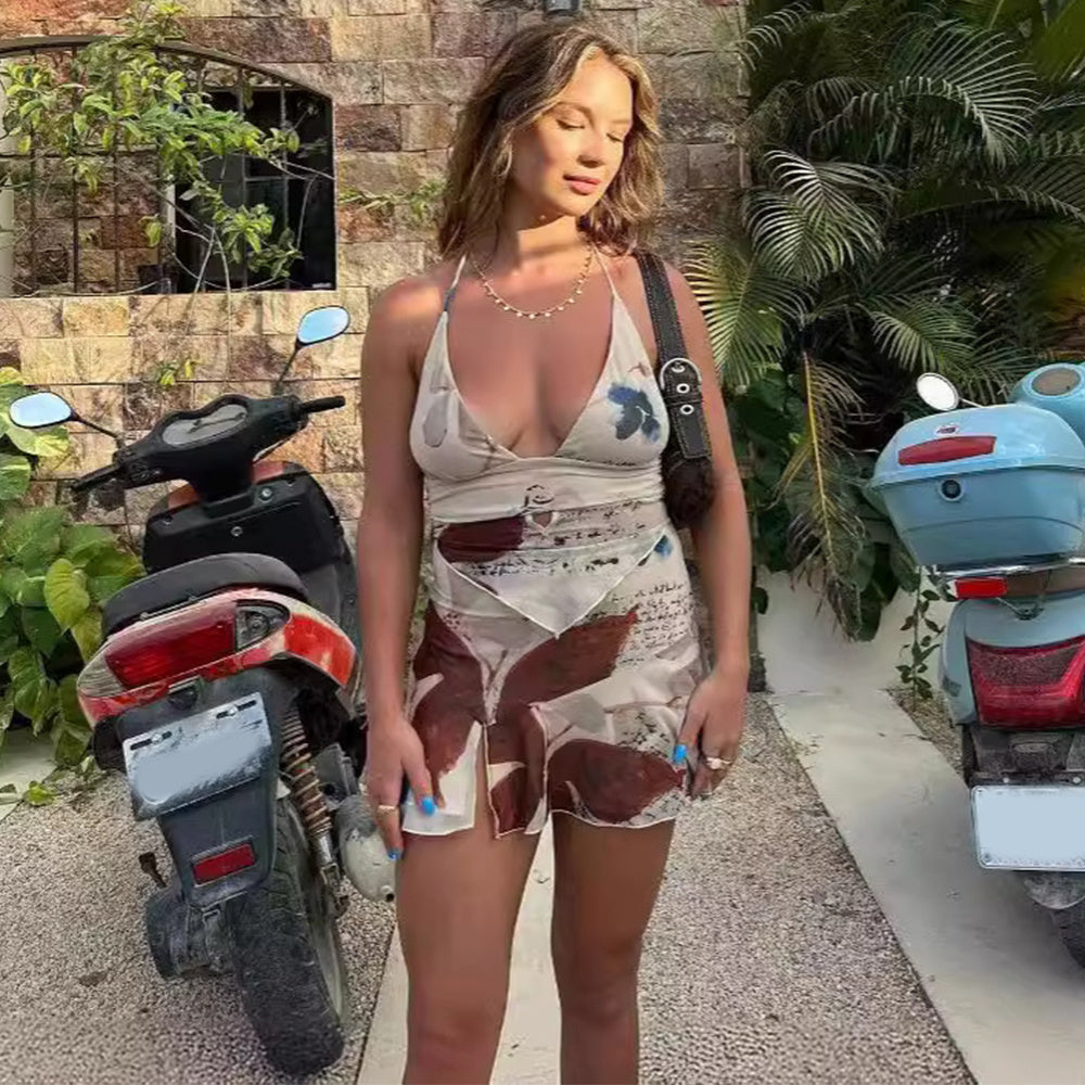 Wild Allure Printed Halter Top & Pleated Skirt Set