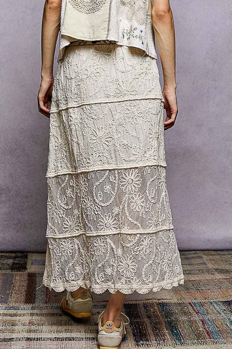 POL Floral Embroidered Tiered Crochet Skirt