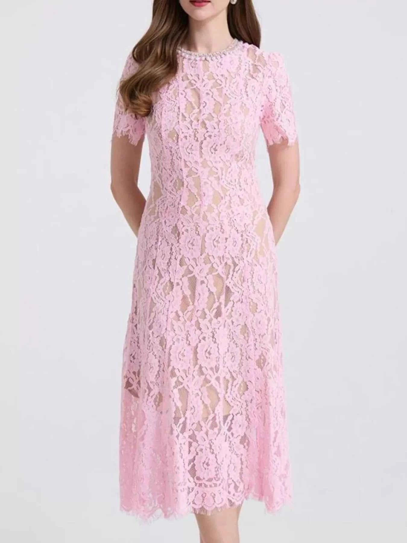 Lace Pearl Neckline Midi Dress