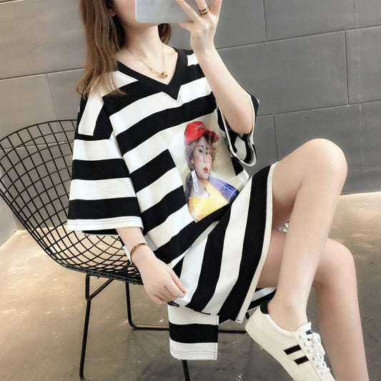 Sorbae V-Neck Rainbow Stripe T-Shirt Dress