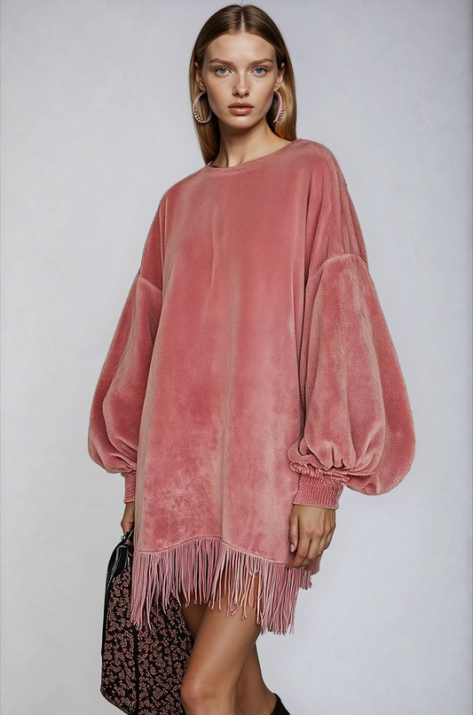 Soft Focus Fringe-Sway Sweater Mini Dress