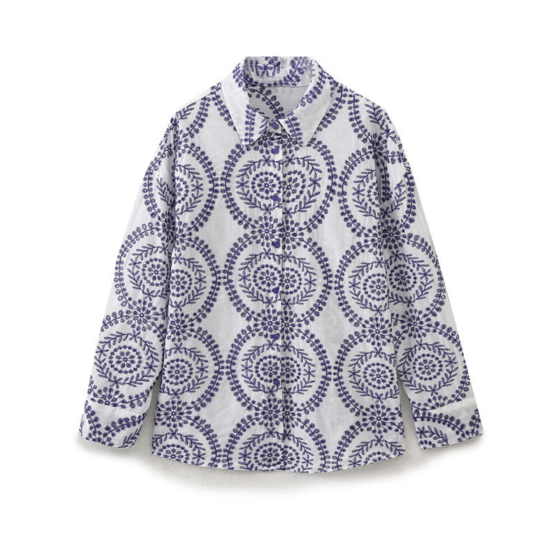 Ocean Embroidered Button-Up - Blue