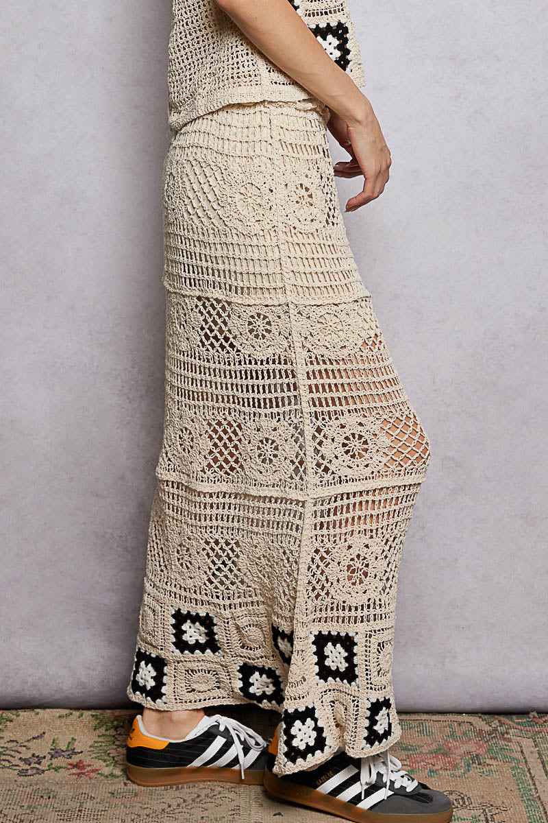 POL Floral Crochet Ruffled Waistband Maxi Skirt with Granny Square Weave