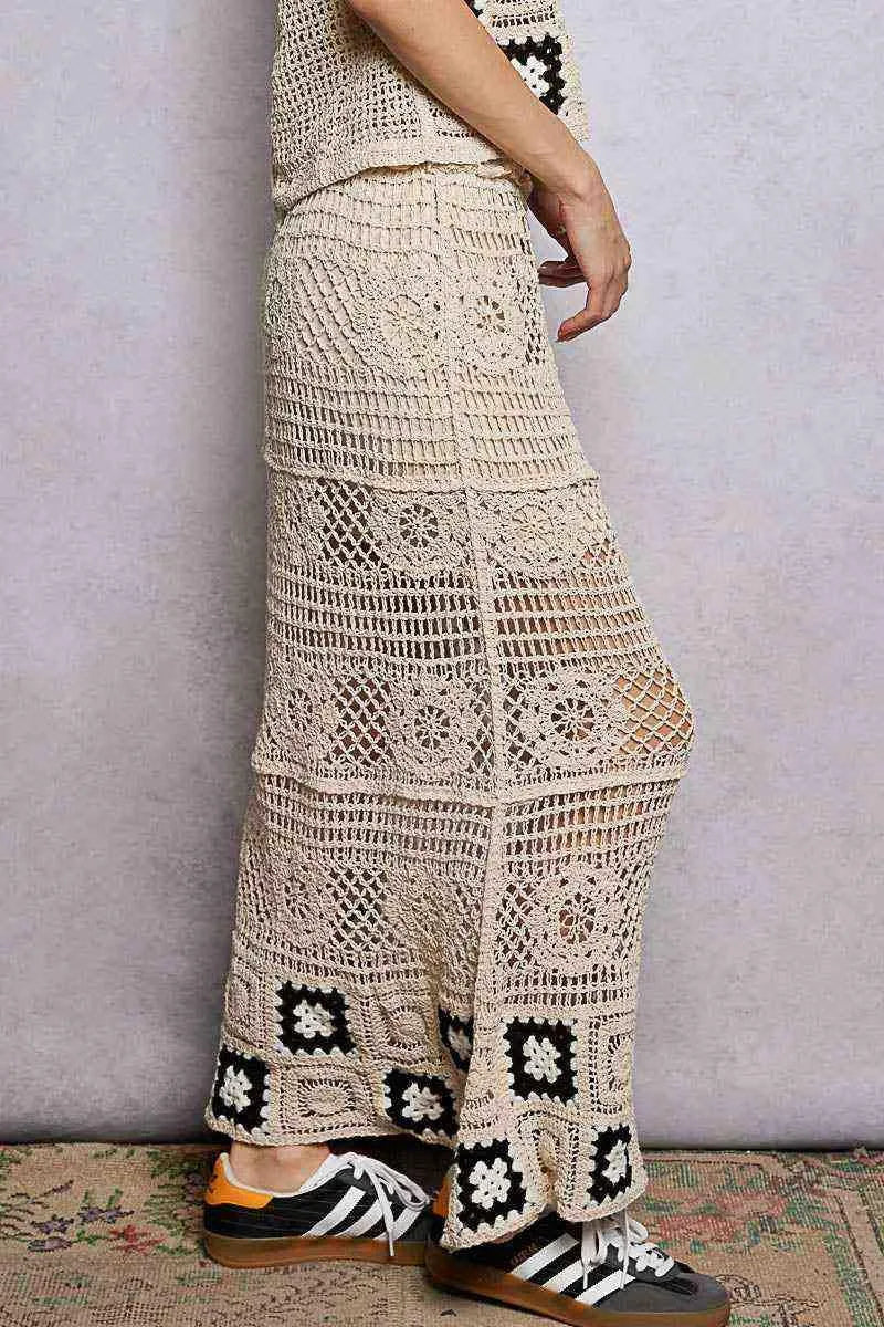 POL Floral Crochet Ruffled Waistband Maxi Skirt with Granny Square Weave