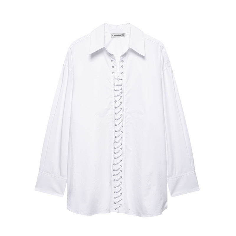 A white long-sleeved shirt with front lace-up detail, collar, and regular fit.