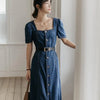 Marble Grace Puff Sleeve Denim Maxi Dress with Belt