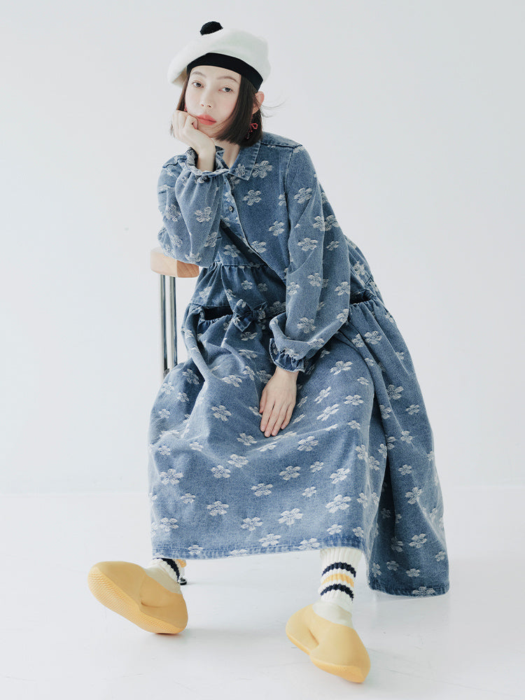 Robe en jean jacquard à nœud et élégance enchantée