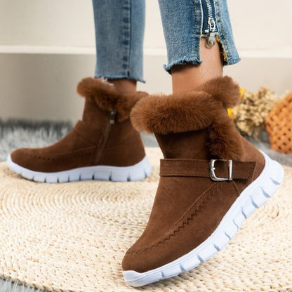 Women’s Winter Snow Boots - Warm Plush Ankle Boots with Buckle & Side Zipper