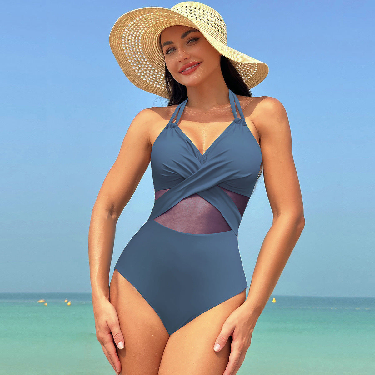 Halter-neck One-Piece Swimsuit – Summer Solid Color Cross-strap Mesh Bikini for Women