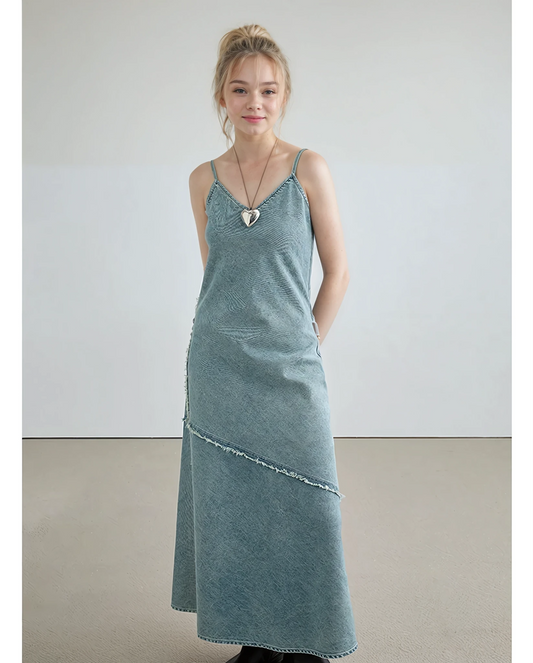 Azure Allure – Slim Waist Denim Suspender Dress