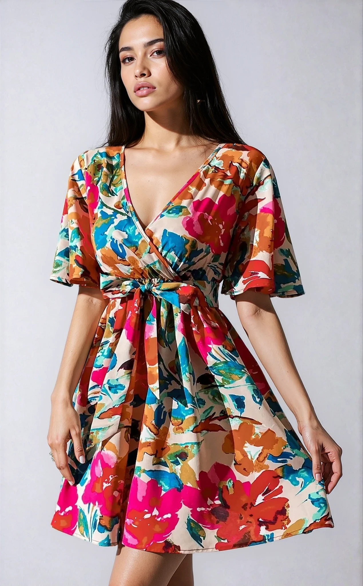 Vacation Primrose Painted-Florals Wrap Mini Dress