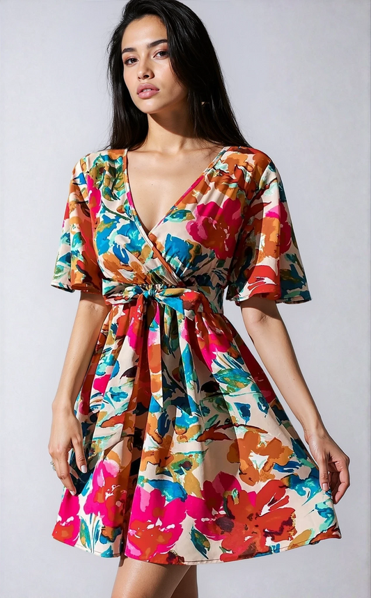 Vacation Primrose Painted-Florals Wrap Mini Dress