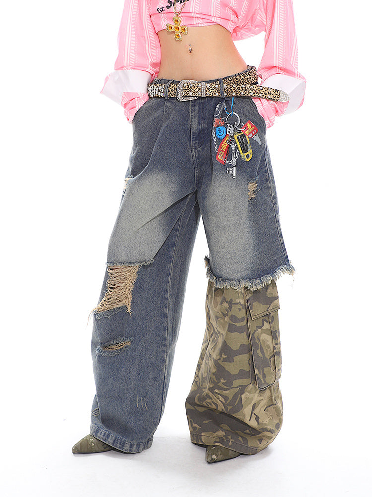 Urban Rebel Patchwork Distressed Wide-Leg Jeans