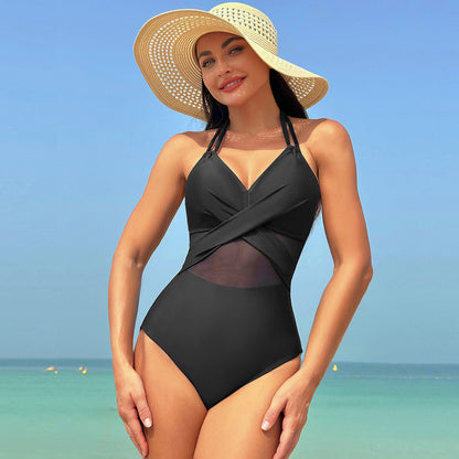 Halter-neck One-Piece Swimsuit – Summer Solid Color Cross-strap Mesh Bikini for Women