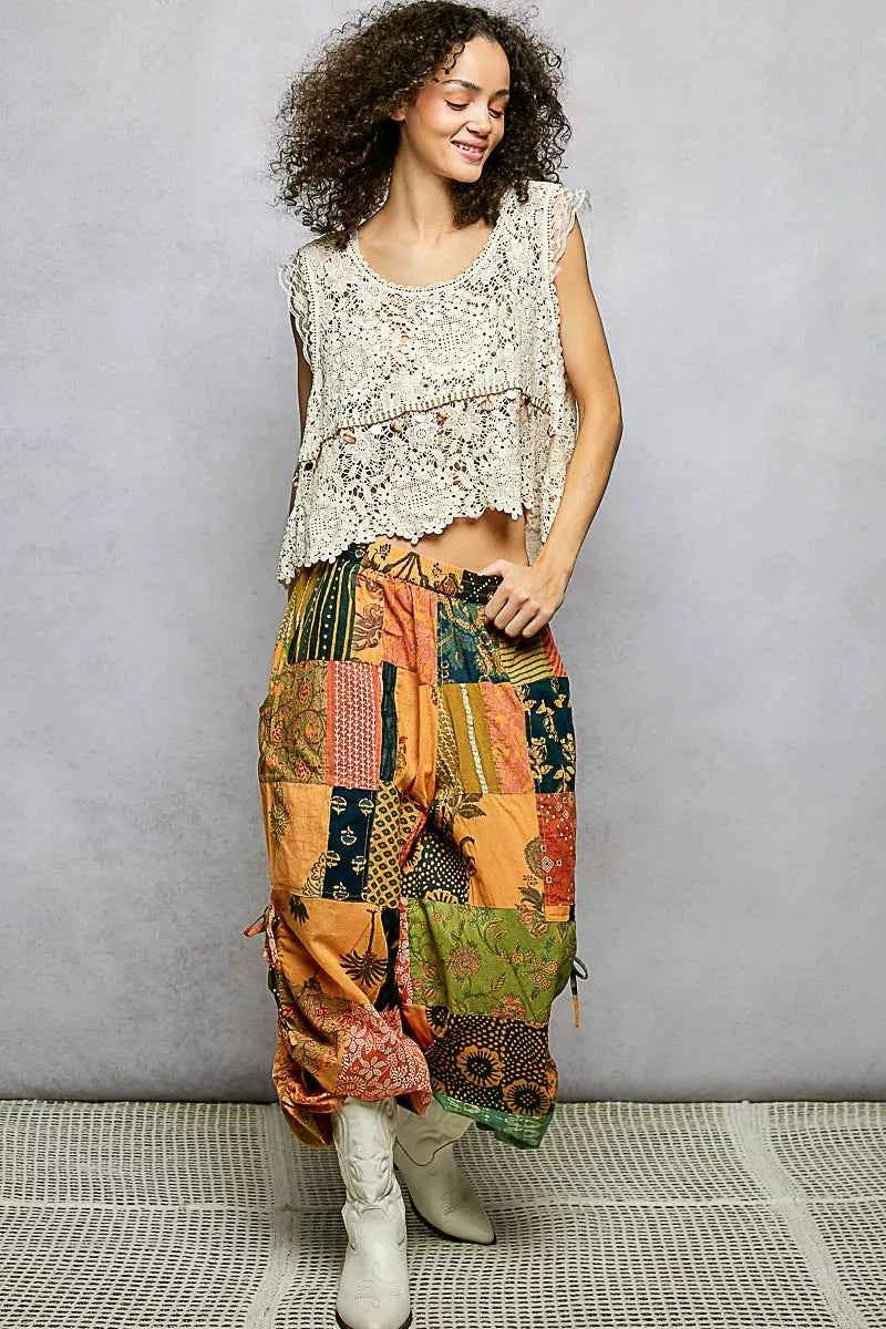 POL Printed Patchwork Wide Leg Pants with Adjustable Side Drawstring