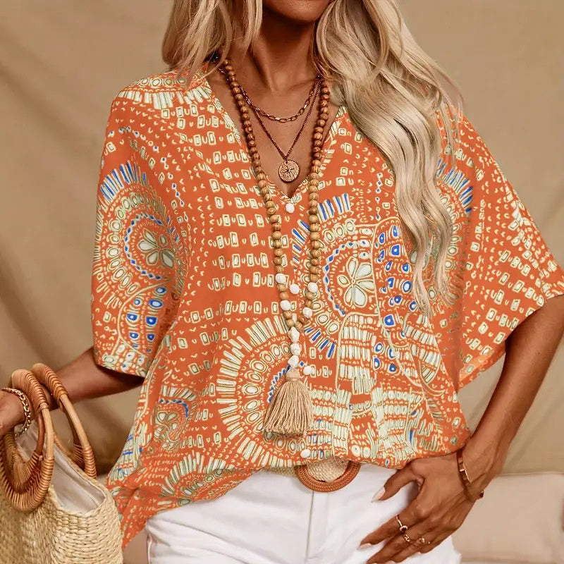 Mandala Muse – Boho Batwing V-Neck Blouse